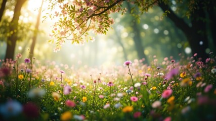 Obraz premium Blooming Meadow and Forest, Soft Pastel Lights, Isolated Design