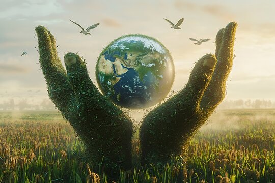 Concept human hand Save the world save environment holding city world is in the grass of the green bokeh background day