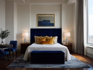 Luxurious bedroom interior with a navy blue headboard and mustard yellow accent pillows.