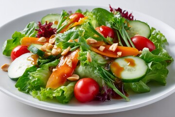 Fresh salad with lettuce, cucumber, tomatoes, carrots, herbs and peanut sauce dressing