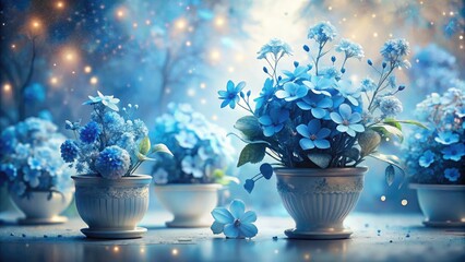 Surreal Blue Flower Closeup, White Pot, Fantasy Floral Photography, Dreamlike Botanical Image