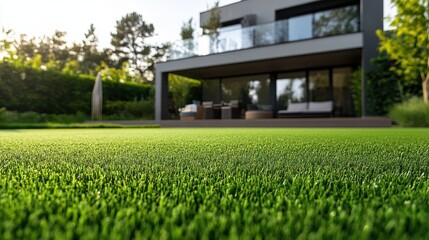 Green grass in front of a modern house. It illustrates home improvement, and exterior design.