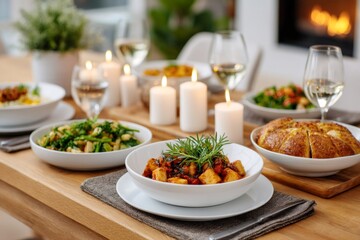 Fototapeta premium Delicious dishes served on wooden dining table with burning candles creating cozy atmosphere