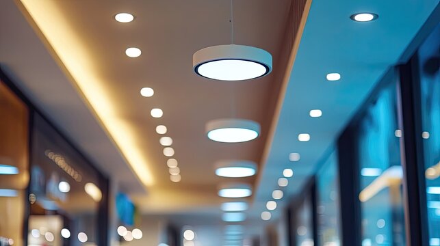 Close up of energy-efficient smart lighting systems for retail spaces using motion sensors, daylight harvesting, and LED technology to reduce electricity consumption and improve customer experience