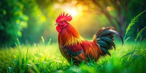 Surreal Rooster Photo, Red Feathers, Bare Neck, Green Grass, Fantasy Bird, Artistic Photography