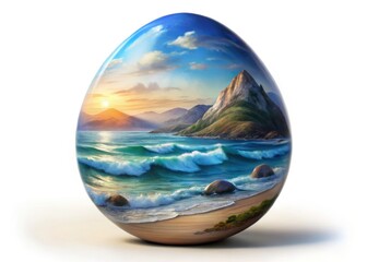Serene Ocean Egg Art: Painted Easter Egg with Waves, Mountains, White Background