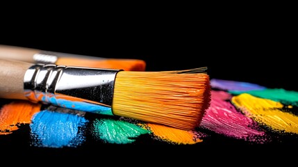 Fototapeta premium Closeup of Paintbrushes and Colorful Paint Strokes on Black Background