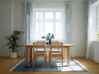 Fototapeta premium Dining area with a wooden table and chairs.