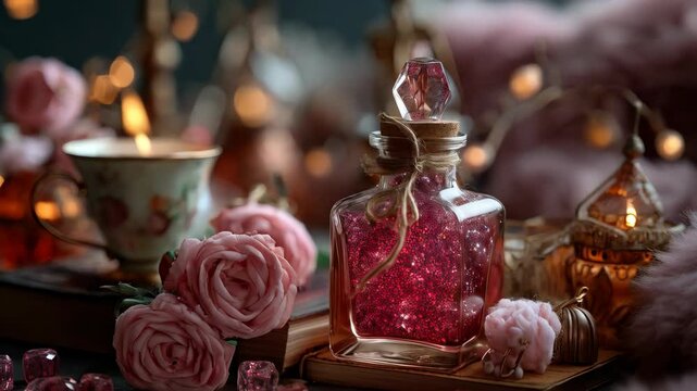 Sparkling pink potion bottle and roses with book and teacup in a moody, romantic, feminine still life scene
