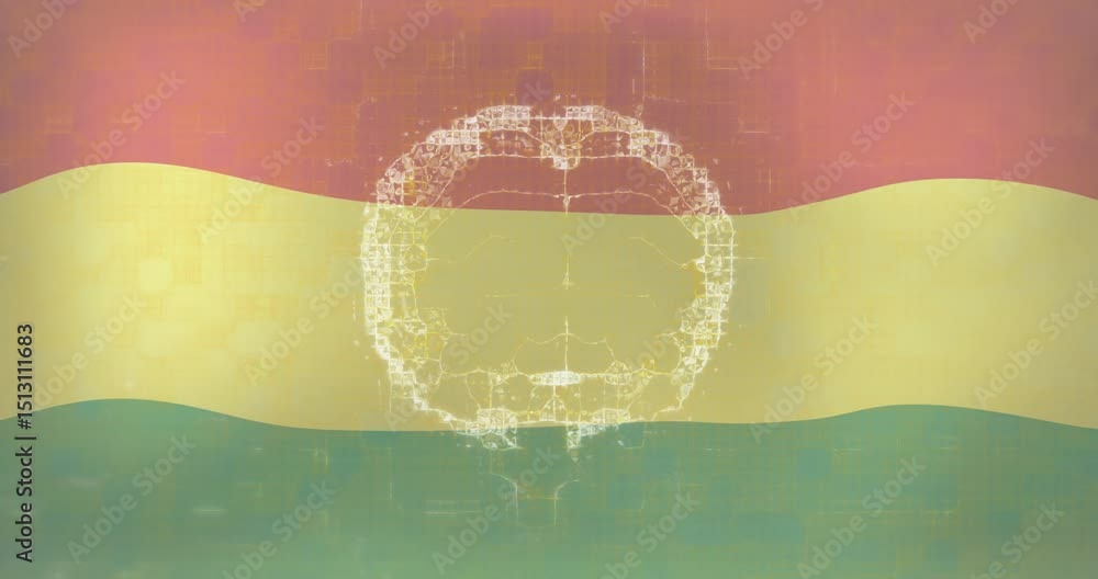 Poster one second in glowing brain outline emerging, pulsing, fading over waving bands visualizing network