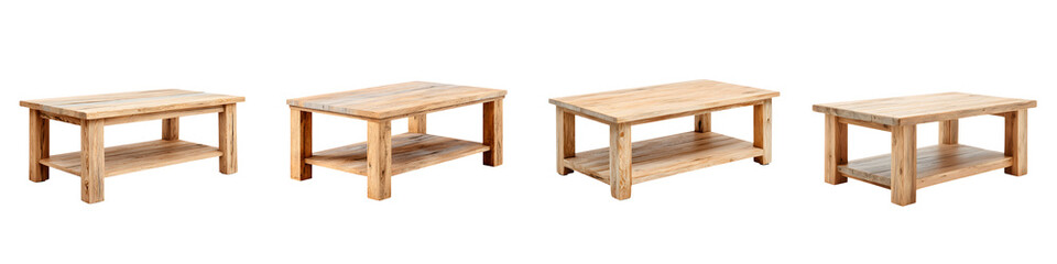 Natural wooden coffee tables showcasing various designs, featuring clean lines, rustic charm, and functional styles perfect for home interiors and decor.