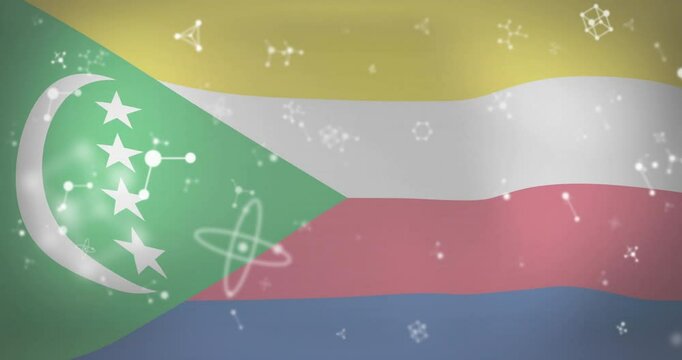 Flag starting motionless then rippling in breeze while molecular overlays drifting showing networks