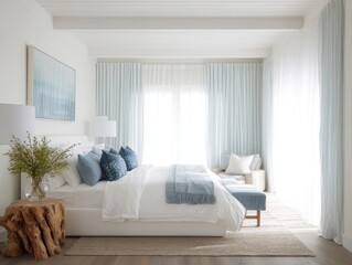 Light-filled bedroom with light blue accents.