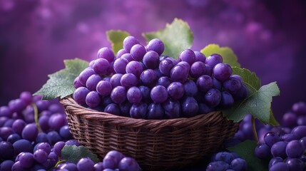 Luscious purple grapes in a woven basket, vibrant and bursting with freshness, a delightful treat for a healthy lifestyle, against a blurred purple backdrop