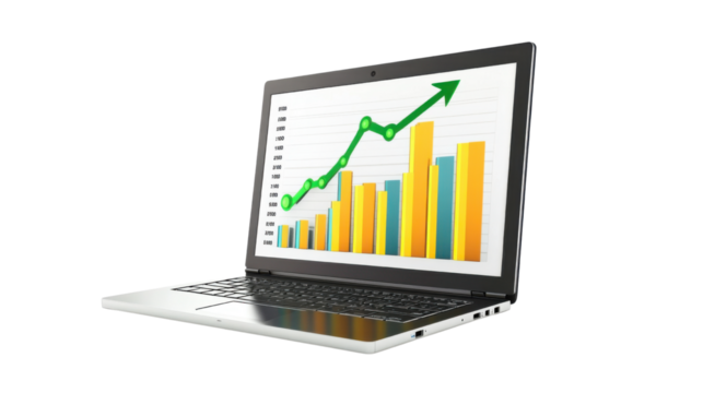 Business Analytics Graph on Laptop Screen Showing Financial Data Trends and Digital Growth Statistics in Office Environment