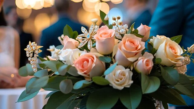 Floral bouquet with roses and decorative brooches on table for event backdrop
