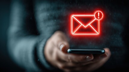 Urgent Alert: A Close-up of a glowing email icon and hand that are holding a smartphone, the visual suggests an important message needs immediate attention.