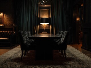 Dark, elegant dining room with tufted chairs and a large table.