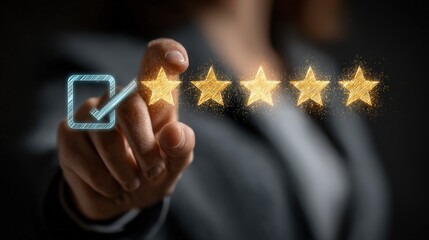 Exceptional Feedback: The hand of a professional reaches out, selecting all five golden stars to show their satisfaction