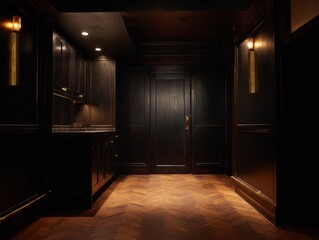 Dark and elegant interior hallway with hardwood floors.