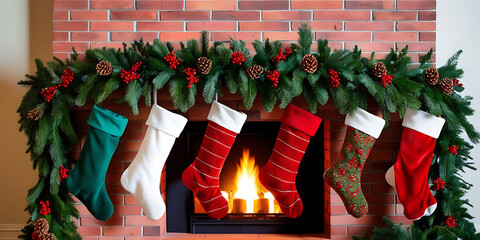 Festive Fireplace with Garland, Pinecones, Red Berries, and Christmas Stockings

