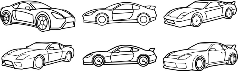 Set of Race car black outline vector and illustration, coloring book page
