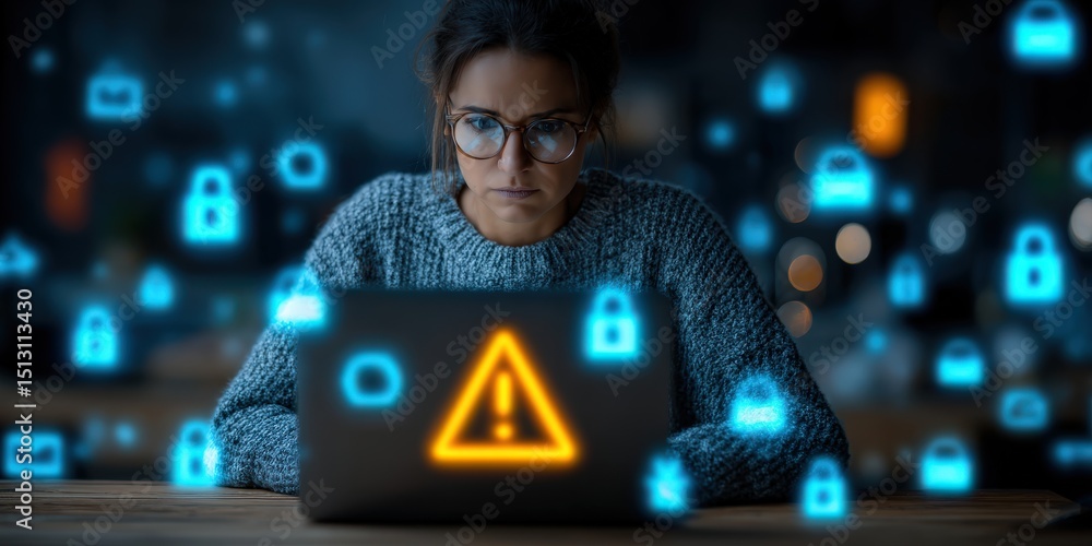 Poster cybersecurity alert: a focused individual, hunched over a laptop, with a digital world of digital lo
