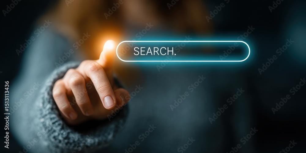 Poster digital search interface: a close-up shot shows a finger about to touch a glowing search button, sym