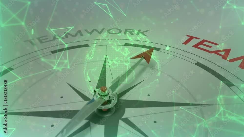 Poster globe and nodes intensifying over compass causing needle rotating toward teamwork label turning red