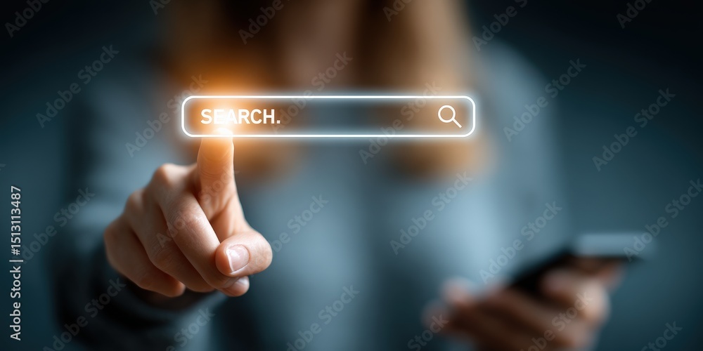 Poster digital search: an up-close view showcases a hand using a finger to trigger a virtual search bar, wi