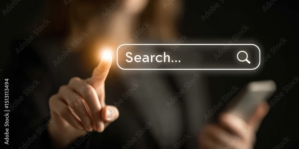 Poster digital search: a focused individual, with a direct touch, interacts with a virtual search interface