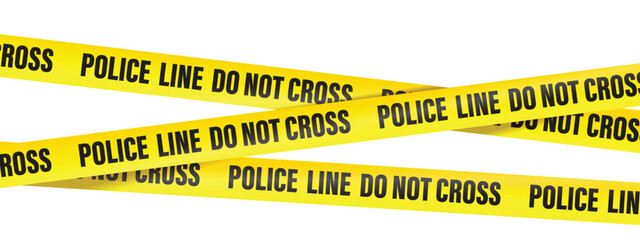 Police line do not cross, text on the yellow tape on white, black and transparent background. Realistic 3d Detailed Black and Yellow Police Line Tape.