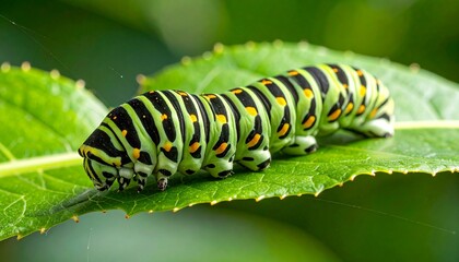 Fototapeta premium Caterpillar weaving silk on leaf edge