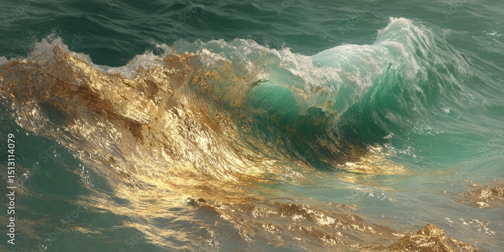 Aufkleber golden wave crashing on a sandy beach at sunset, creating a mesmerizing display of light and color i
