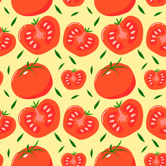 Seamless pattern of whole and sliced tomatoes with green leaves on yellow background. Bright and fresh design perfect for food, packaging, or kitchen themed projects.