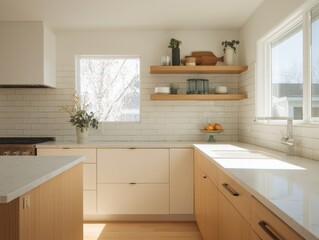 Modern kitchen with light beige cabinets and white subway tiles.