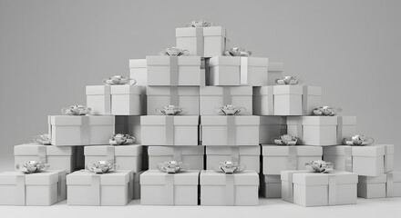Pyramid stack of white gift boxes with silver accents