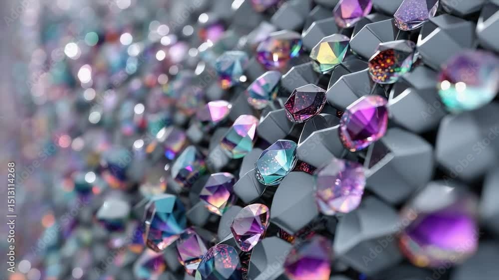 Poster sparkling close-up synthetic shimmering colorful gems on metallic surface with reflective texture