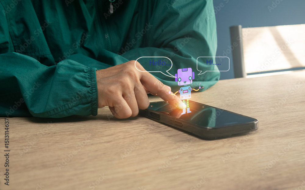 Aufkleber concepts of artificial intelligence, woman hand point at using smartphone ai chatbot conversation as