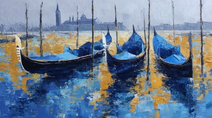 Vibrant gondolas resting in golden waters near a captivating city skyline at dusk