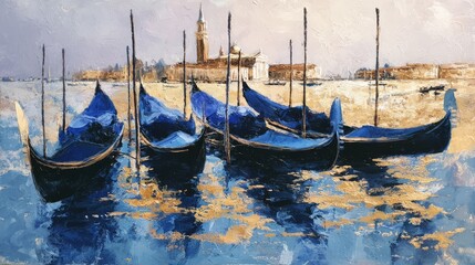 Beautiful blue gondolas floating serenely on Venetian waters during sunset