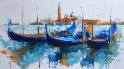 Vibrant blue gondolas anchored in the picturesque waters near Venice's historic architecture on a clear day