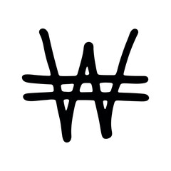 Hand drawn won currency symbol. Brush stroke doodle. Single element for design