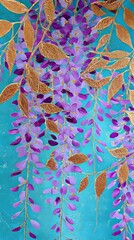 Beautiful clusters of wisteria flowers in vibrant purple and gold against a turquoise background
