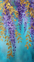 Vibrant wisteria blossoms with golden leaves against a turquoise background create a stunning visual display