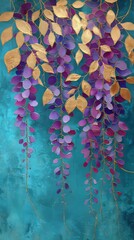Colorful hanging leaves artwork in vibrant shades of blue and purple