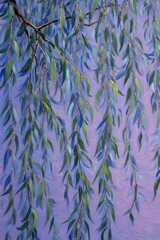 Willow branches adorned with vibrant green leaves against a soft purple background create a serene atmosphere in the early morning light