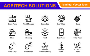 Modern Agritech and Smart Farming Icons – Clean Outline, Line Art, Vector Illustrations for Farm Technology, Automation, and Sustainable Agriculture Projects