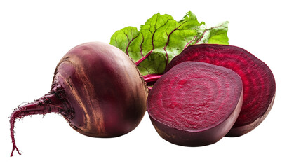 Beetroot arrangement with leaves and sliced pieces isolated on transparent background