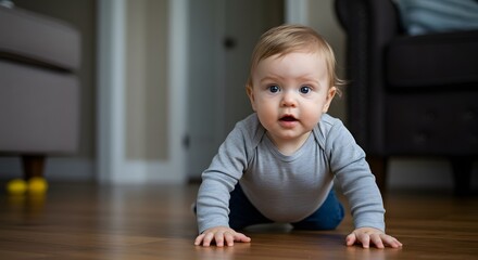 Baby Crawling on Wooden Floor Looking at Camera